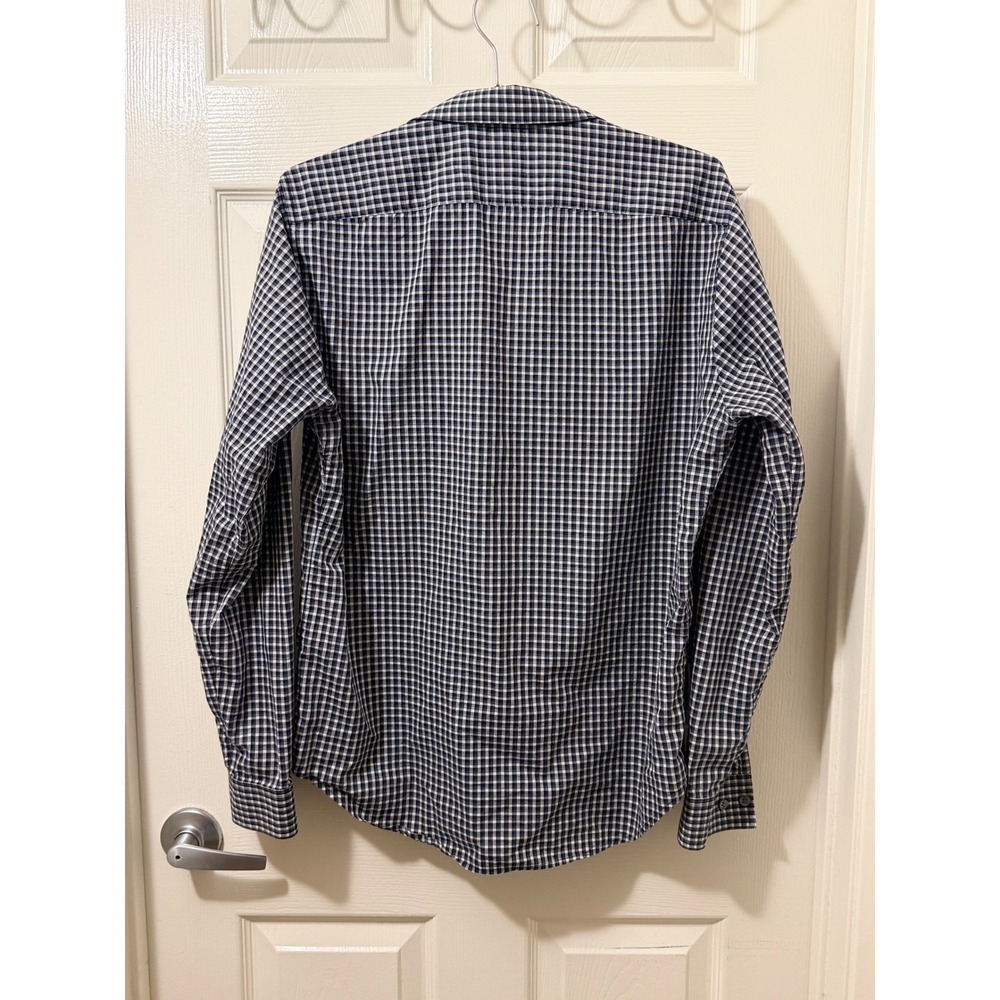 Theory Mens Navy Blue White Gingham Check Button Down Shirt Size M Long Sleeve - Picture 3 of 5